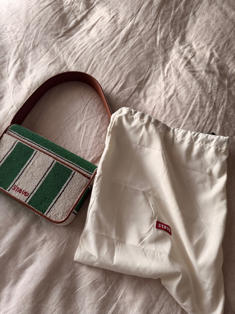 Staud Tommy Beaded Green and White Stripe Shoulder Bag - Picture 5 of 5